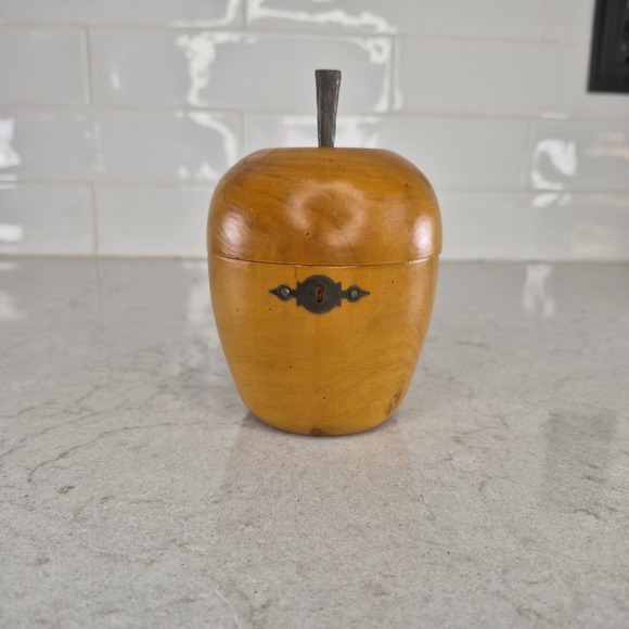 The Unbranded Brand Other - Vintage Wood Carved Apple Shaped Tea Caddy Rare
